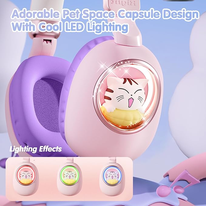 esonstyle Kids Headphones Cat Ear - Bluetooth 5.4 Over-Ear Noise Cancelling Headphones with Microphone LED Lights Up 85dB Safe Volume Limit Wireless or 3.5mm Wired USB C (Pink Purple)