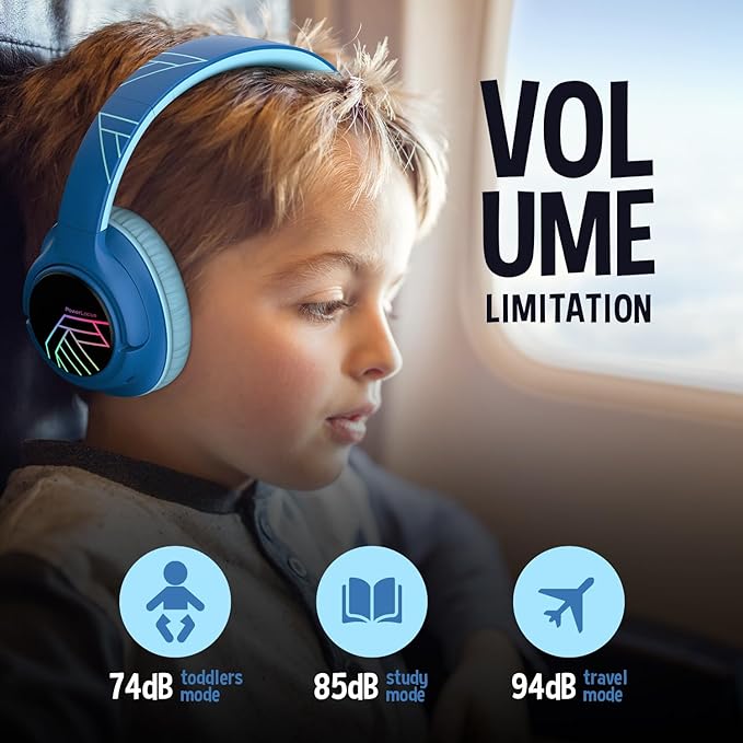 PowerLocus Kids Wireless Headphones, Bluetooth Kids Headphones LED Lights Over Ear with 74/85/94dB Volume Limited, 45H Playtime,Built-in Mic, Two Device Share Mode, HD Stereo for Travel/PC/Tablet