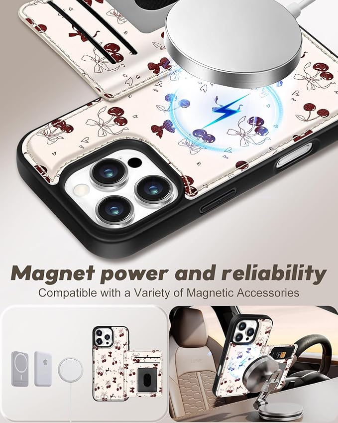 for iPhone 16 Pro Case with Wallet - Fits 4 Card Slots, Compatible with MagSafe for Women Aesthetic Durable PU Leather Credit Card Holder Kickstand Phone Cover for Apple 16 Pro, Bow Cherry
