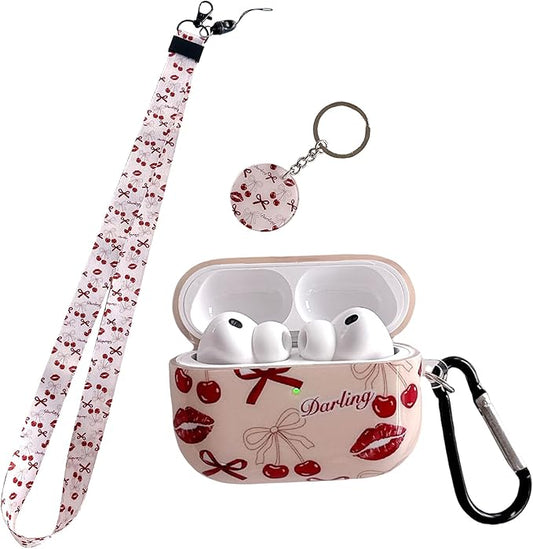 Vintage Bow Cherry Lip Design Air Pod Pro 3 Generation Case（2025） with Bow Cherry Lip Lanyard Keychain，Unique IMD Process TPU Soft Pro 3 Case