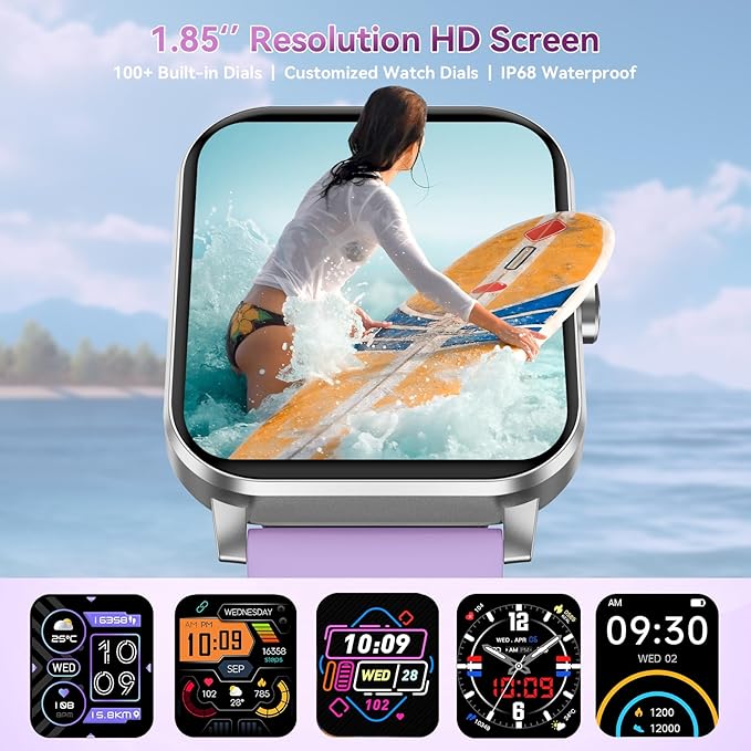 Smart Watch for Men Women, 120+ Sports Modes, Bluetooth Calls/Messages, 1.85" HD Touch Screen, IP68 Waterpro of Fitness Tracker with Heart Rate/Sleep Monitor, Compatible with Android/iOS (Purple)