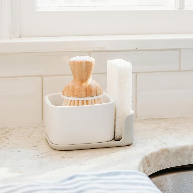 Full Circle Bubble Up Combo-Family Safe,Formaldehyde-Free-Gray Ceramic Soap Dish with Plant-Based Sponge & Bamboo Dish Brush-Versatile Kitchen Scrub Brush Set for Pots,Pans,Counter & Sink,White