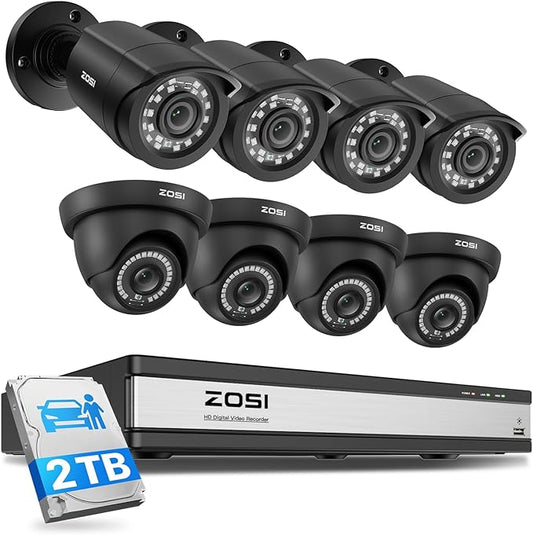 ZOSI 16CH 3K Lite Home Security Camera System,AI Human/Vehicle Detection,Night Vision,Remote Access,8pcs 1080p Outdoor Surveillance Cameras,16 Channel 1080P CCTV DVR with 2TB HDD for 24/7 Recording