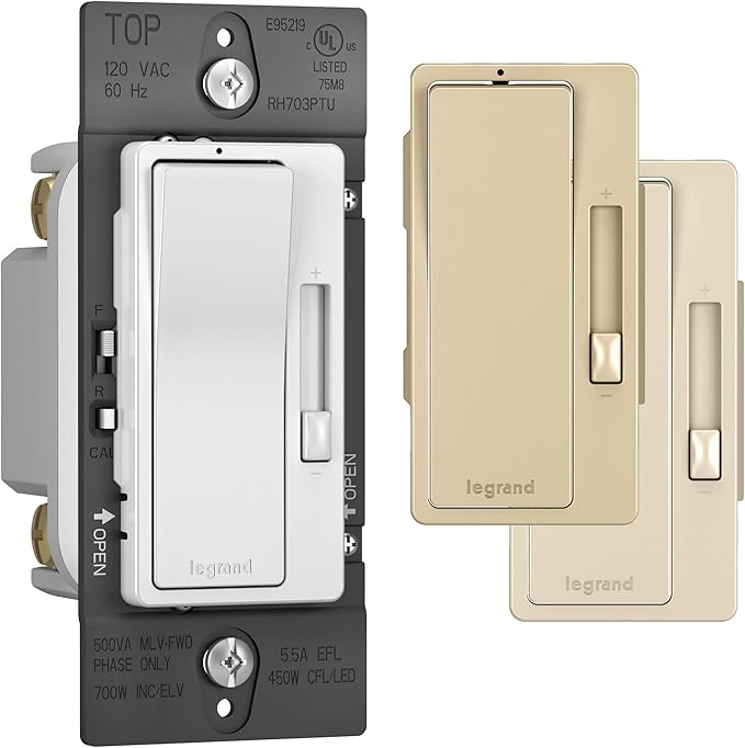 Legrand - Pass & Seymour Radiant Dimmer Light Switch, Single Pole Dimmer Switch with LED Locator, Interchangeable Faceplate White, Ivory, Light Almond, RH703PTUTCCCV4, 1 Count