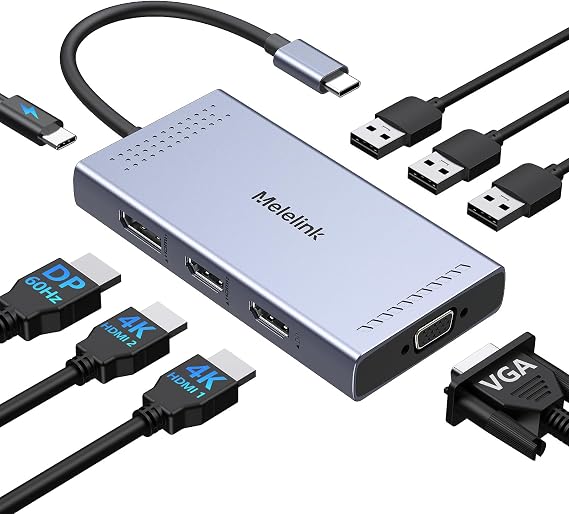 USB C Docking Station Dual HDMI Monitor Adapter, Melelink USB C Hub 3 Monitors Adapter with 2x HDMI 4K,Displayport,VGA,100W PD Charging,3 USB2.0, 8 in 1 Laptop Docking Station for Dell, HP, Lenovo,etc - Image 7