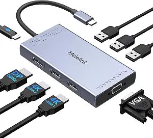 USB C Docking Station Dual HDMI Monitor Adapter, Melelink USB C Hub 3 Monitors Adapter with 2x HDMI 4K,Displayport,VGA,100W PD Charging,3 USB2.0, 8 in 1 Laptop Docking Station for Dell, HP, Lenovo,etc - Image 1