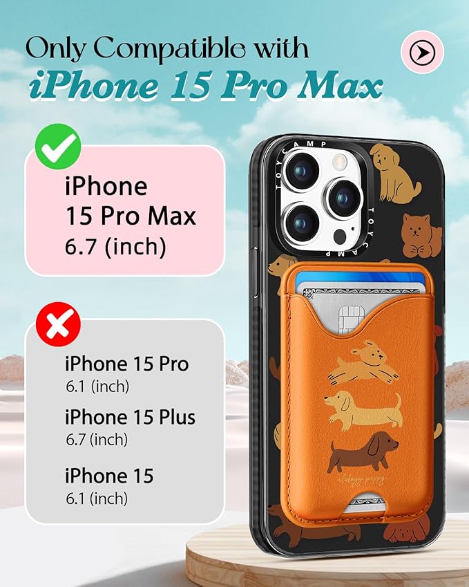 Toycamp for iPhone 15 Pro Max Case - Compatible with Magsafe Credit Card Holder Wallet Magnetic Cute Women Teen Girls Kawaii Girly Unique Small Dogs Design Phone Cover for Apple 15 Promax 6.7"