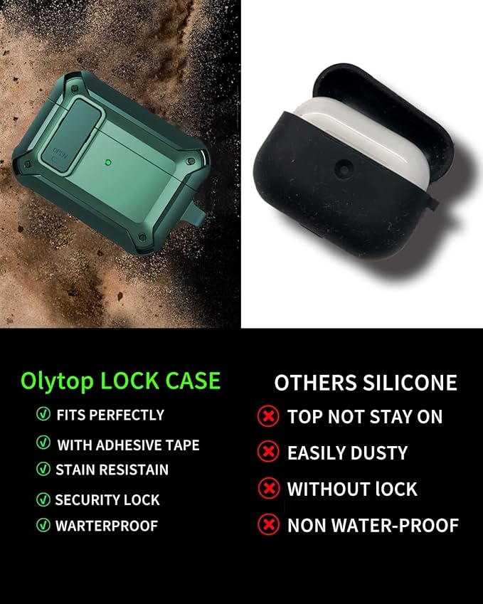 for Airpods Pro 2/1 Gen Case Cover with Lock (2019/2022/2023), Rugged Locking Case for Airpod Pro 2nd/1st Generation Shockproof Armor Protective Skin for Apple iPod Pro - Army Green