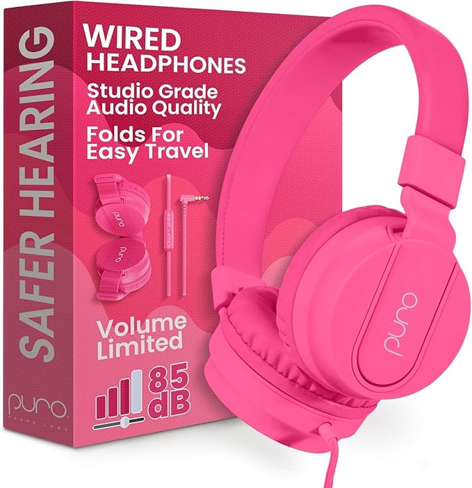 Puro Sound Labs Kids Wired Headphones – Volume-Limiting & Adjustable, Safer & Comfortable Headphones for Kids – Compatible with PCs, Smartphones & Tablets, Ideal for School & Travel – PuroBasic, Pink