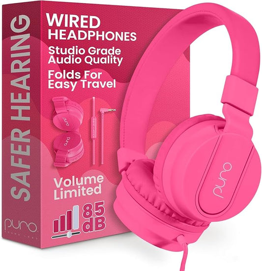 Puro Sound Labs Kids Wired Headphones – Volume-Limiting & Adjustable, Safer & Comfortable Headphones for Kids – Compatible with PCs, Smartphones & Tablets, Ideal for School & Travel – PuroBasic, Pink
