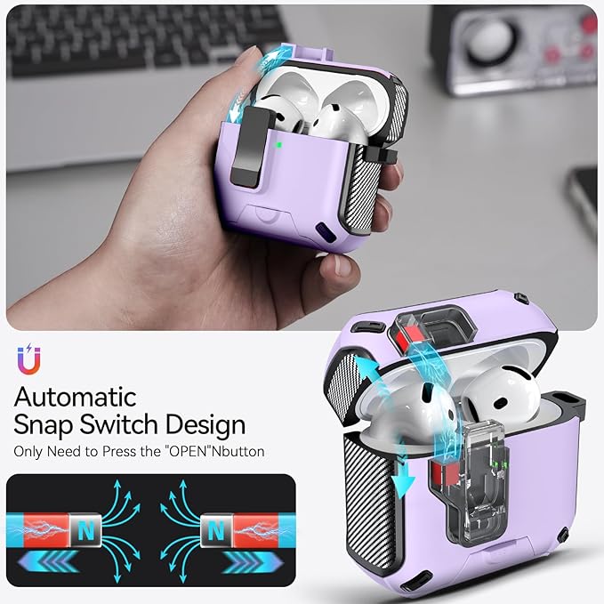 for AirPods 4 Case (2024) with Phone Stand,（with Automatic Snap Switch） Carbon Fiber Design Protection Cover with Cleaning Pen,Purple