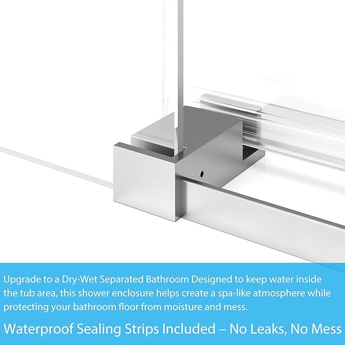 Frameless Bathtub Shower Door 56–60 Inch W × 59 Inch H, Sliding Tub Door with Fixed Panel, 8mm Coated Tempered Glass, Stainless Steel Round Rail