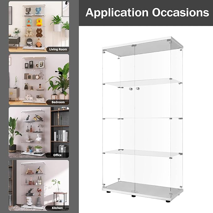 LFT HUIMEI2Y Glass Display Cabinet 4-Shelf with Double Door, Curio Cabinets Fast Installation in 30 Mins, Tempered Glass Floor Standing Bookshelf for Bedroom, Living Room 64.7”x 32”x 14.4” White