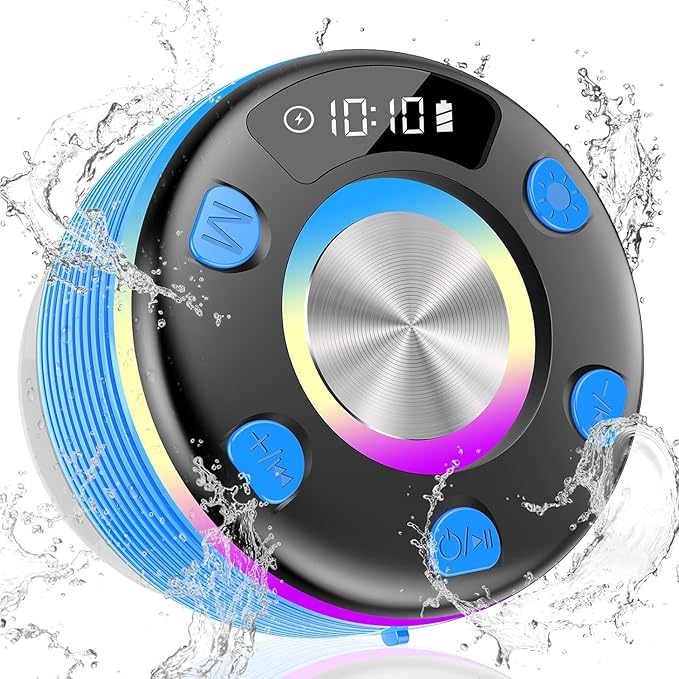 OYIB Bluetooth Shower Speaker, Portable Bluetooth Speaker 360° HD Sound, RGB Lights, IPX7 Waterproof Wireless Speaker with Suction Cup and Mic, Shower Radio for Party/Outdoor/Travel/Gifts/Blue