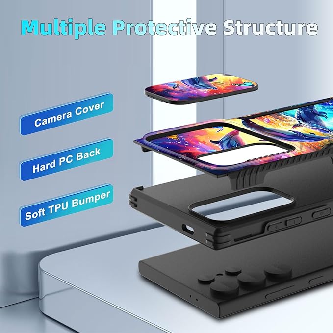 for Galaxy S24 Ultra Case Built in Slide Camera Lens Cover,Heavy Duty Shockproof Protection Dual Layer Case for Samsung Galaxy S24 Ultra 6.8" 2024,Dolphins and Butterflies