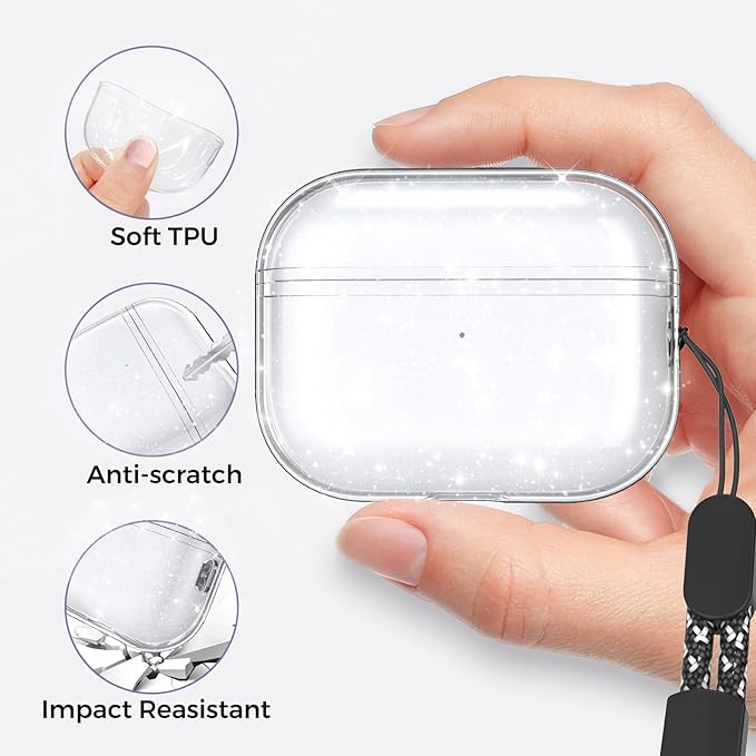 AhaStyle Clear Airpods Pro 2 Case (2023/2022) Soft TPU Protective Covers Come with Hand Strap Compatible with Apple AirPods Pro 2 [USB-C/Lightning Cable] Charging Case (Shine)
