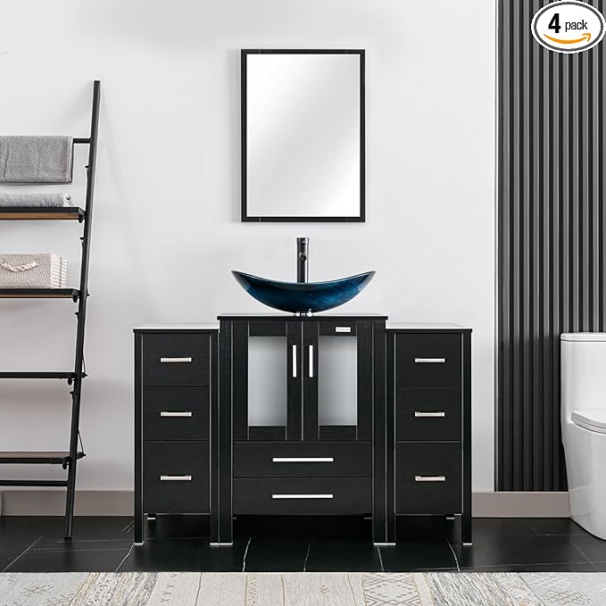eclife 48" Modern Bathroom Vanity Sink Combo Freestanding Cabinet with Small Side Cabinet, Blue Boat Glass Vessel Sink, Water Save Faucet, Drain (Black+A29BU)