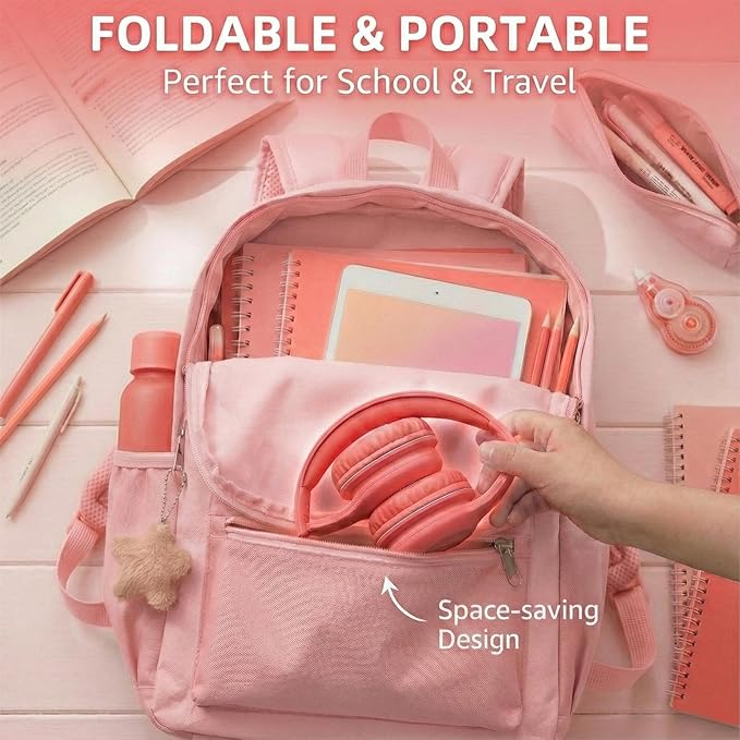 Wired Kids Headphones with USB C Plug, 85dB Safe Volume, Adjustable Headband, Tangle-Free Cord Headphones for School, Tablet, Travel (Coral Red & Soft Peach, with Microphone)