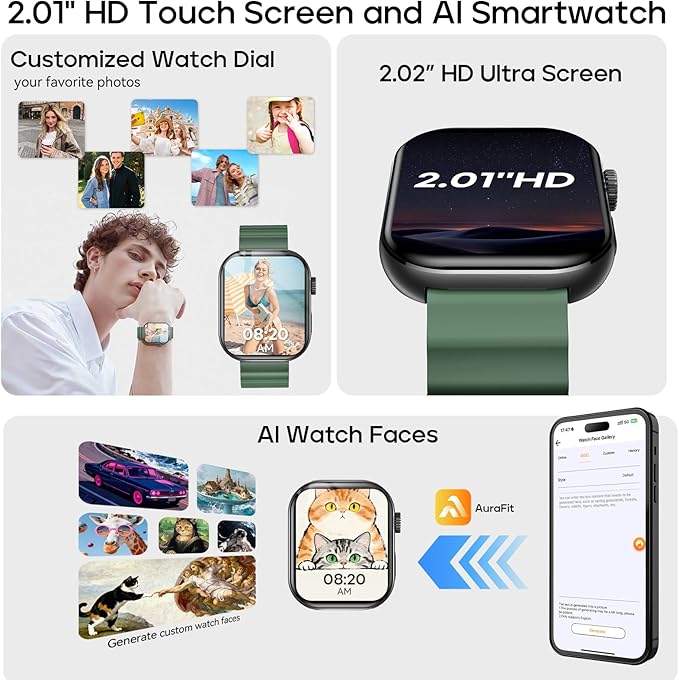 AI Smart Watch with ChatGPT Bluetooth Calling, App AI Dial 2.01" Fitness Tracker, 100+ Modes, Heart Rate Sleep Calorie Monitor for Men and Women for Android iOS