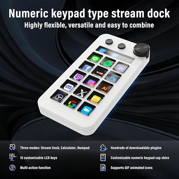 Macro Pad,Macro Shortcut Keyboard,With15 Customizable Macro Keys,Three Modes (Shortcut Keys,Calculator and Numeric Keypad),Work for OBS,PowerPoint,Photoshop and Adobe Premiere Pro(N1 White)