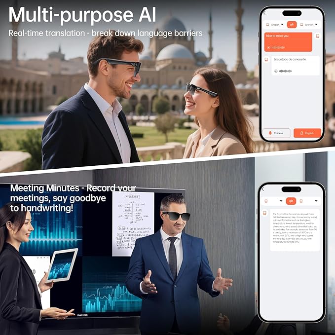 Smart Glasses with AI Translator, V6.0 Bluetooth Glasses with 150+ Translation, Smart Sunglasses for Men & Woman, Music Glasses with Long Battery Life, UV Protection, IPX5 Waterproof, Hands-Free Calls
