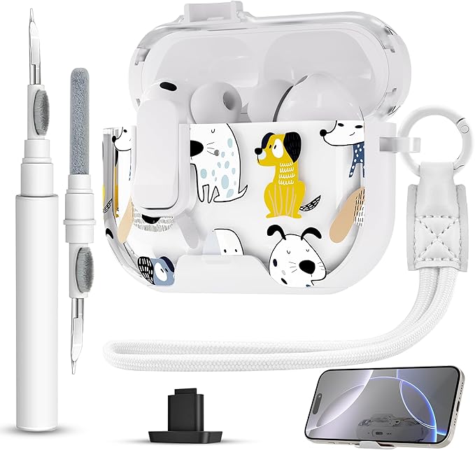 for AirPods Pro 3 Case(2025) with Secure Lock Clip and Phone Stand,Floral Girly Style Protective Cover with Cleaning Kit and Hand Strap for Apple AirPod Pro 3 Generation (White Dog)