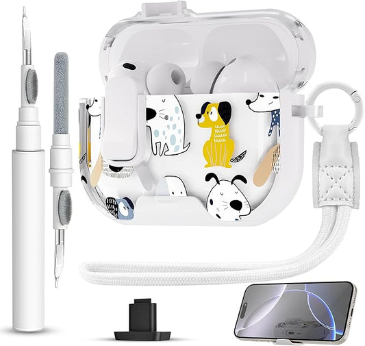 for AirPods Pro 3 Case(2025) with Secure Lock Clip and Phone Stand,Floral Girly Style Protective Cover with Cleaning Kit and Hand Strap for Apple AirPod Pro 3 Generation (White Dog)
