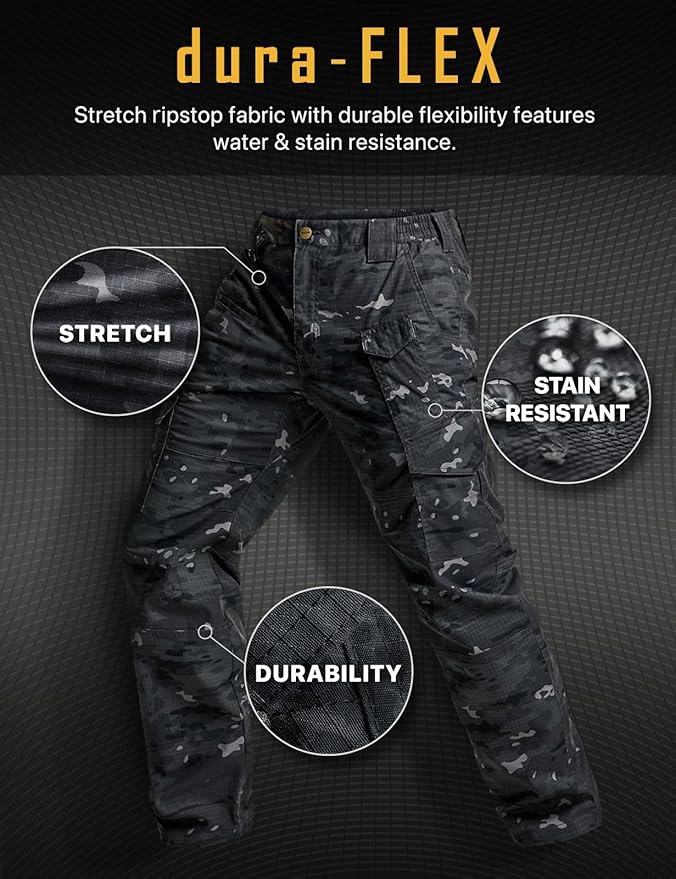 CQR Men's Flex Ripstop Tactical Pants, Water Resistant Stretch Cargo Pants, Lightweight EDC Hiking Work Pants