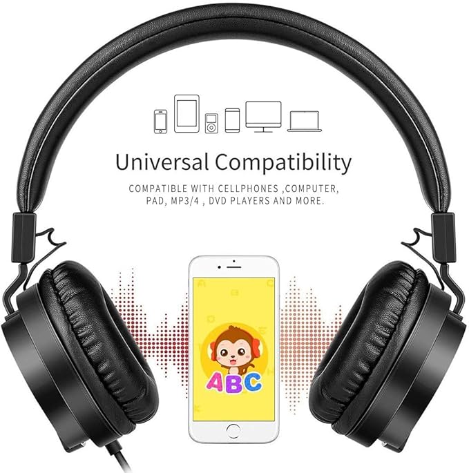 gorsun Kids Headphones, Lightweight Stereo Wired Toddler Headphones，Adjustable Headband Children's Headset for Smartphones Computer Pad Earphones(Black)