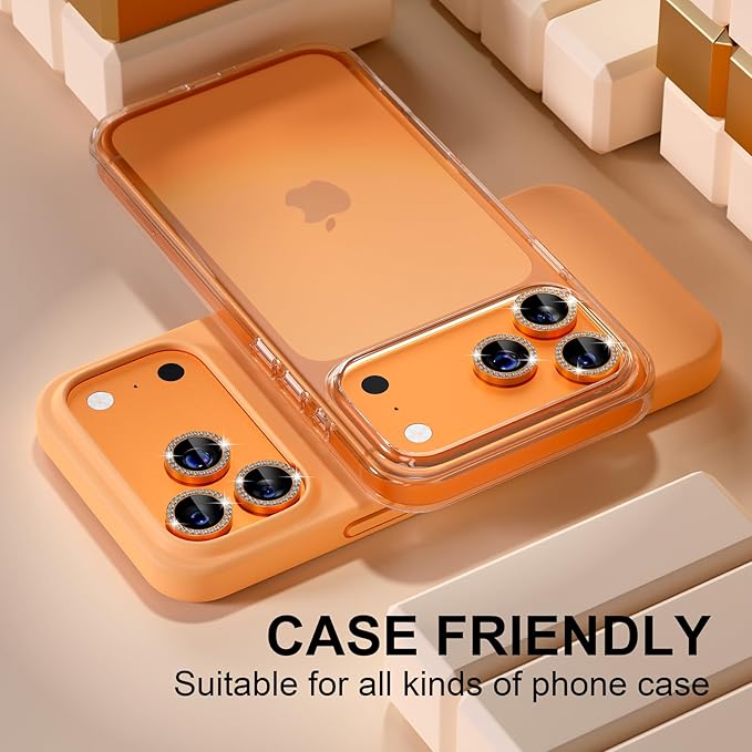 Misea Compatible for iPhone 17 Pro/iPhone 17 Pro Max Camera Lens Protector Bling, 9H Tempered Glass Camera Cover Screen Protector Metal Individual Ring Decoration Accessories, Orange Diamond