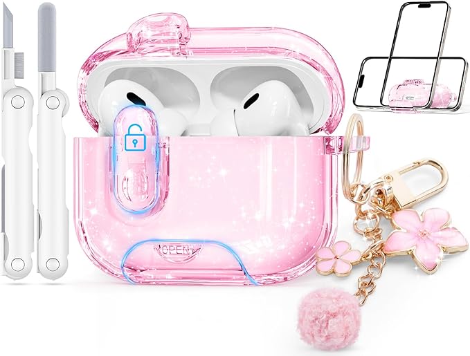 Clear Case for Airpods Pro 2 Case Cover with Safety Lock,Soft TPU Cover with Phone Stand & Cleaning Kit,Cute Bling Keychain for Women Girls-Glitter Pink