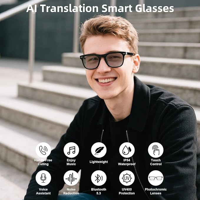 Smart Translation Glasses, Photochromic Lenses, Open-Ear Audio Design, Support 160+ Languages, Simultaneous Interpretation via APP, Bluetooth Glasses for Meeting, Traveling, Business(Black)