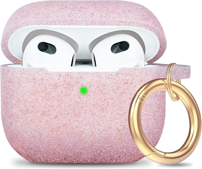 Glittery Silicone Compatible with AirPods 3 Case 2021, Gawnock Soft Case Compatible with AirPods 3rd Generation Cover for Women Girls with Keychain (Glitter Rose Gold)