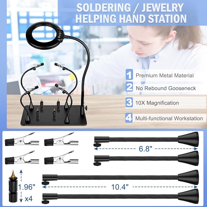 Drdefi Magnetic Helping Hands Soldering Station 10X Magnifying Lamp Large Base Third Hand Jewelry Tool Hands Free Magnifier Weighted Base with 4 Magnetic Pillar Crafts Making Electronic Hobby