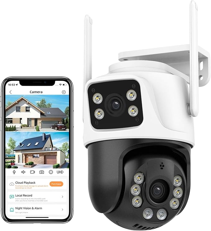 6MP Security Camera Outdoor, 360°PTZ Surveillance System, Dual Lens Security Camera 2.4Ghz 24/7 Record IP66 WiFi Camera for Home Security with Motion Detection, Color Night Vision,Two-Way Audio（White）
