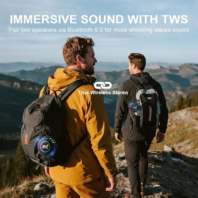 Wireless Bluetooth Speaker, Blue Tooth Portable Speaker with IPX6 Waterproof, 2500mAh Battery, TWS Pairing, RGB Light, Built in Mic, Support TF Card, USB, Unisex Gifts for Bathroom Party Home - Black