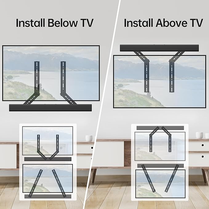 USX MOUNT Soundbar Mount, Sound Bar Mount for Mounting Above or Under TV, Fits Most of Sound Bars Up to 16 Lbs, with Detachable Extension Plates