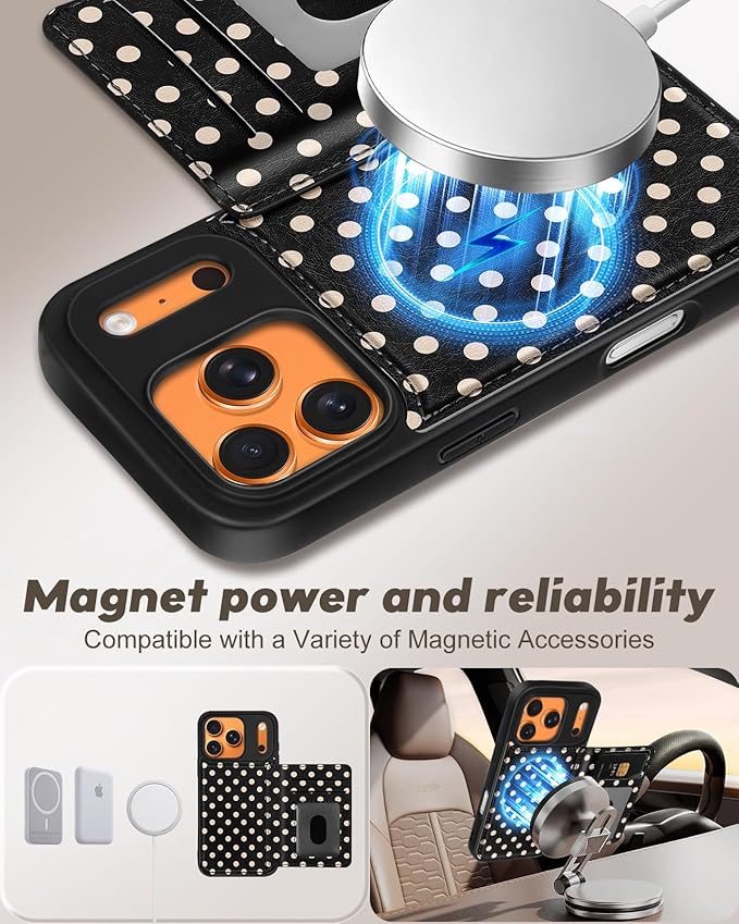for iPhone 17 Pro Case with Wallet - Fits 4 Card Slots, Compatible with MagSafe for Women Aesthetic Durable PU Leather Credit Card Holder Kickstand Phone Cover for Apple 17 Pro, Polka Dots