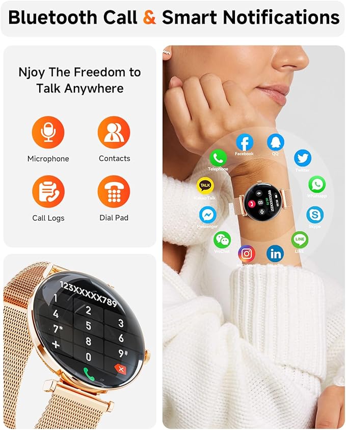 Hwagol Smart Watch for Women with Android iPhone Compatible[Calls/Metal Thin Body],1.43" Micro-Spherical AMOLED Screen,Sports Watch with Sleep/Heart Rate Monitor,Pedometer for Steps Miles