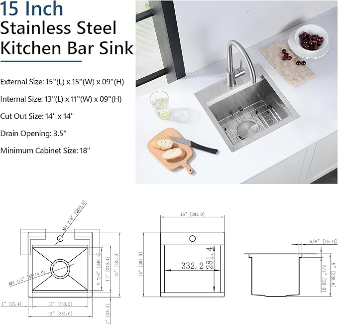 15 Stainless Steel Kitchen Bar Sink, Doirteal 15x15x9 Inch Single Bowl Drop in Workstation Kitchen Sink, Top Mount 15 Inch Small Bar Sinks Outdoor Wet Bar Prep Sinks With Accessories BL81-1
