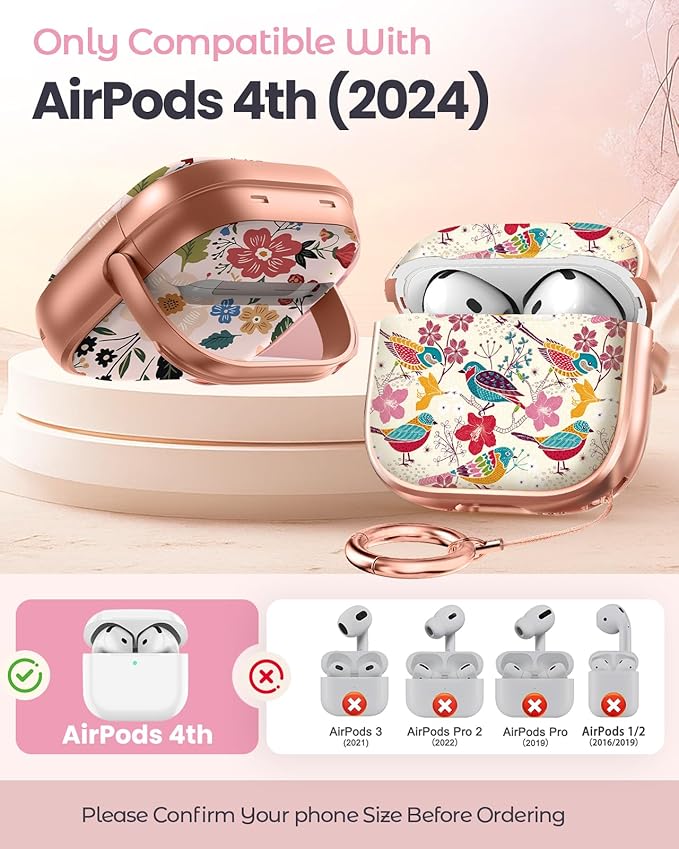 Coralogo for AirPods 4 Case with Safety Lock - Cute Cartoon for Women Girls Fashion Stylish Flower Bird Pattern Design Kawaii Girly Girlish Hard Protective Cover for AirPods 4th Generation 2024