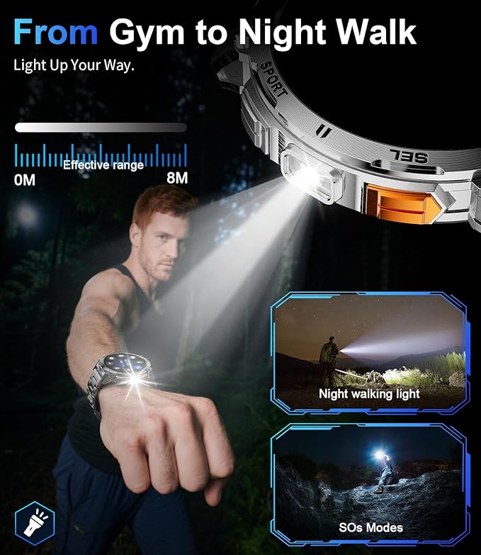 Smart Watches for Men Answer/Make Call, 1.62" AMOLED/730mAh Battery/LED Flashlight Military Smartwatch, 110+ Sports Modes IP68 Waterproof Fitness Tracker for Android iOS Silver