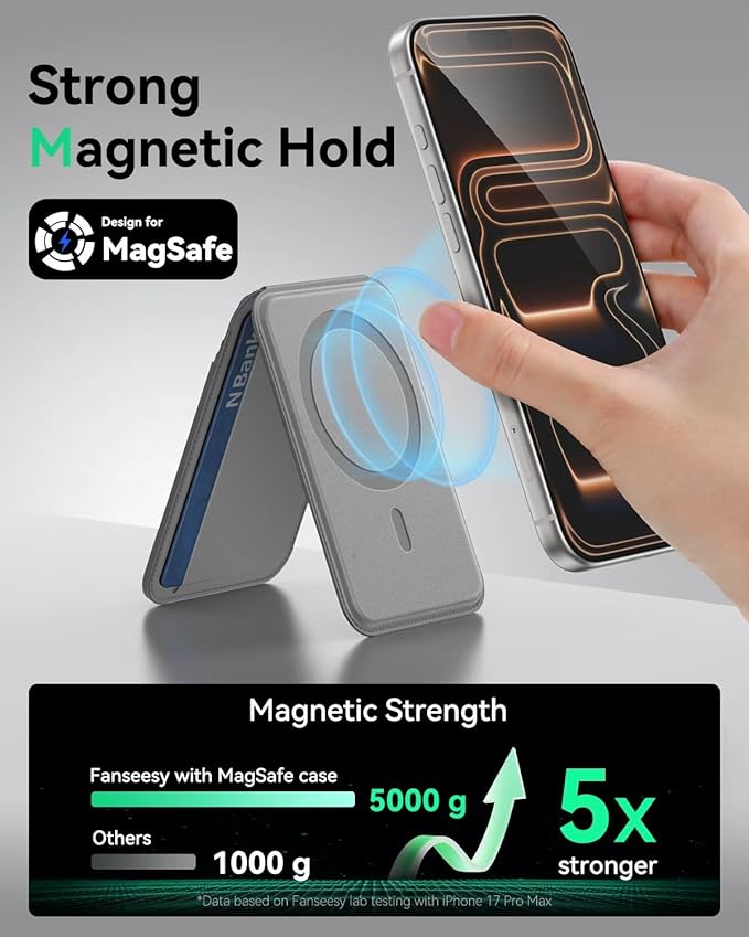 for MagSafe Wallet with Stand, 5 Card Holder, Slim Leather Magnetic Wallet for iPhone 17/16/15/14/13/12 Pro Max Plus Air Series, 3 Card Slots & 1 Cash Slot,Grey