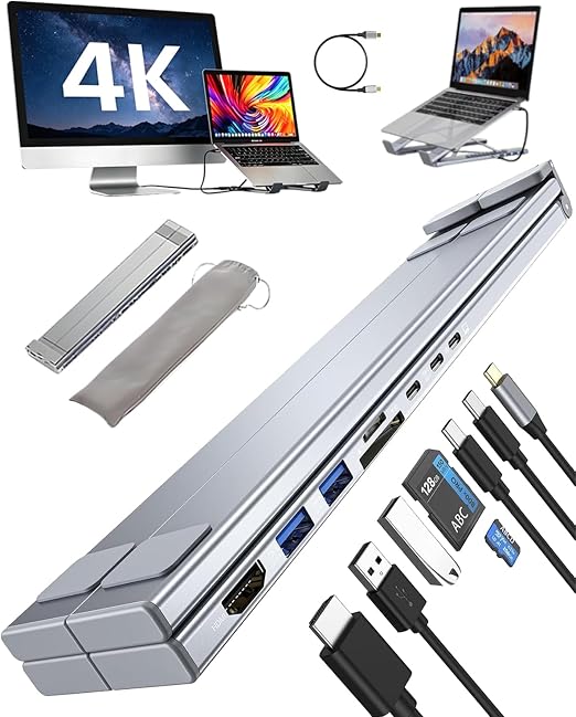 USB C Laptop Stand with Docking Station,8 in 1 Hub Laptop Stand Foldable Computer Riser with 4K HDMIPD 100W Dual Data Ports Multiport Adapter for Notebook Tablet,Portable Height Adjustable Holder