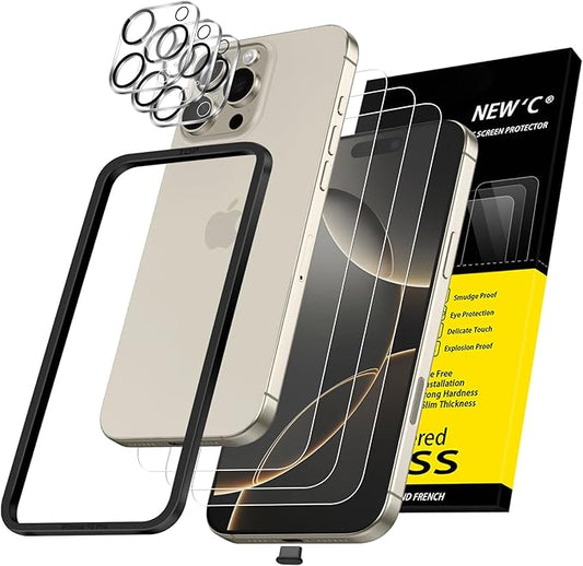 NEW'C 3x for iPhone 16 Pro Screen Protector (6.3 inches)+ 3x Camera Lens Protector, Sensor Protection, Case Friendly Tempered Glass Film + Dust Plug- Easy installation tool include