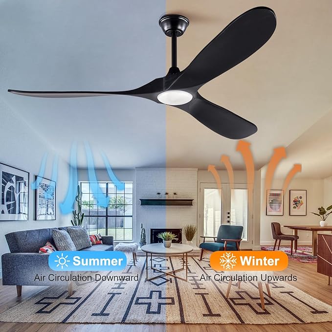 60 Inch Black Ceiling Fan with Lights and Remote, 3 Wood Fan Blades and Timer Setting, 60 Inch Modern Ceiling Fan with Quiet Reversible DC Motor Indoor Outdoor for Patios Living Room Bedroom