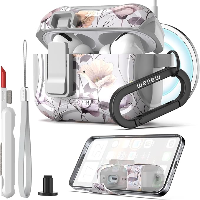 wenew Compatible with AirPods Pro 3 Generation (2025) Case Cover with Phone Stand, Cleaning Kit, Lanyard, Compatible with Magsafe, Magnetic Automatic Lock iPod Pro 3 Case (Gray, AirPods Pro 3)