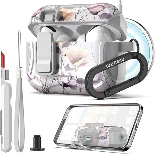 wenew Compatible with AirPods Pro 3 Generation (2025) Case Cover with Phone Stand, Cleaning Kit, Lanyard, Compatible with Magsafe, Magnetic Automatic Lock iPod Pro 3 Case (Gray, AirPods Pro 3)