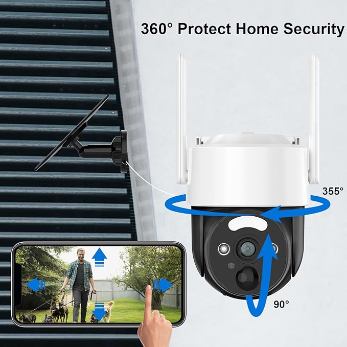 2K Solar Security Cameras Wireless Outdoor, Pan Tilt 360° WiFi Camera for Home Security, 8000mAh Battery Powered with Color Night Vision, 3W Solar Panel with PIR Sensor Wireless Easy Install