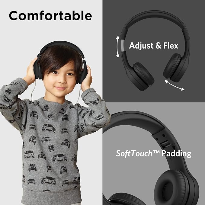 LilGadgets Connect+ Style On-Ear Kids Headphones with Microphone - SharePort Technology, SoftTouch Padding, Detachable Cable, Volume Limiting, Durable & Adjustable - Black